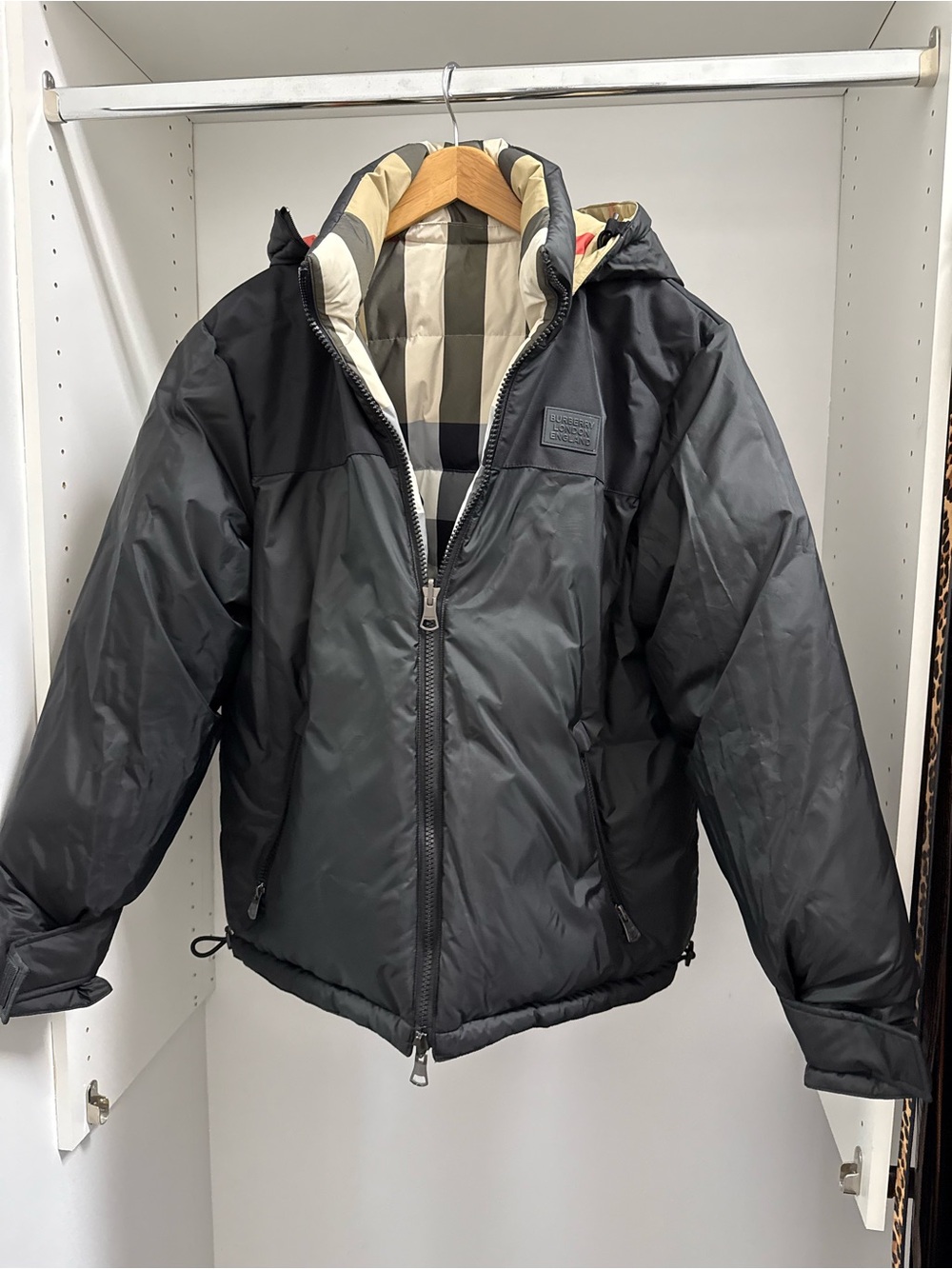 Burberry Black Hooded Puffer Jacket with Beige Check Lining